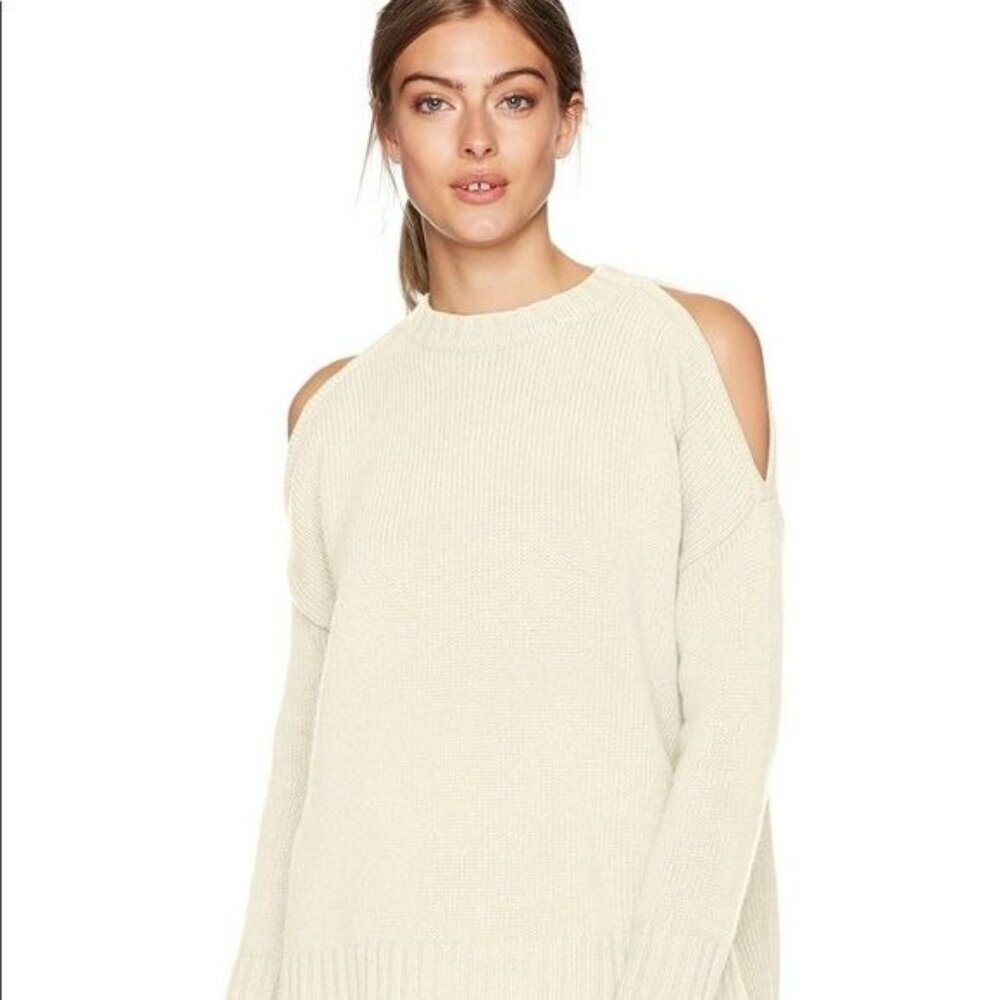 BCBGMaxAzria Size S Womens Lambswool Blend Sweater Ribbed Hem & Cold Shoulder